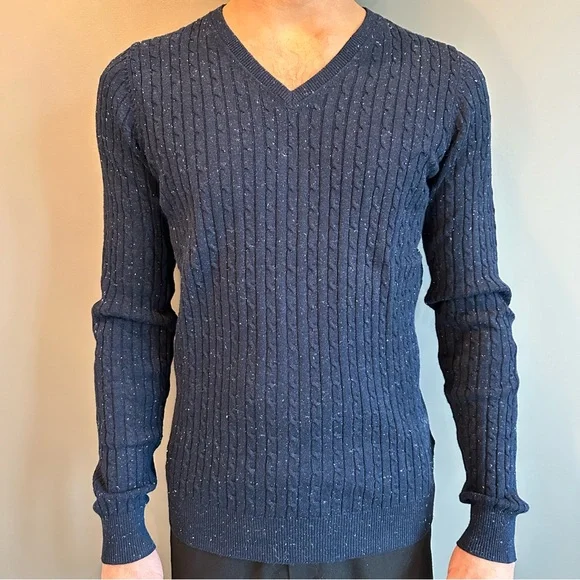Massimo Dutti Men's Navy Ribbed V-Neck Sweater - Picture 1 of 3